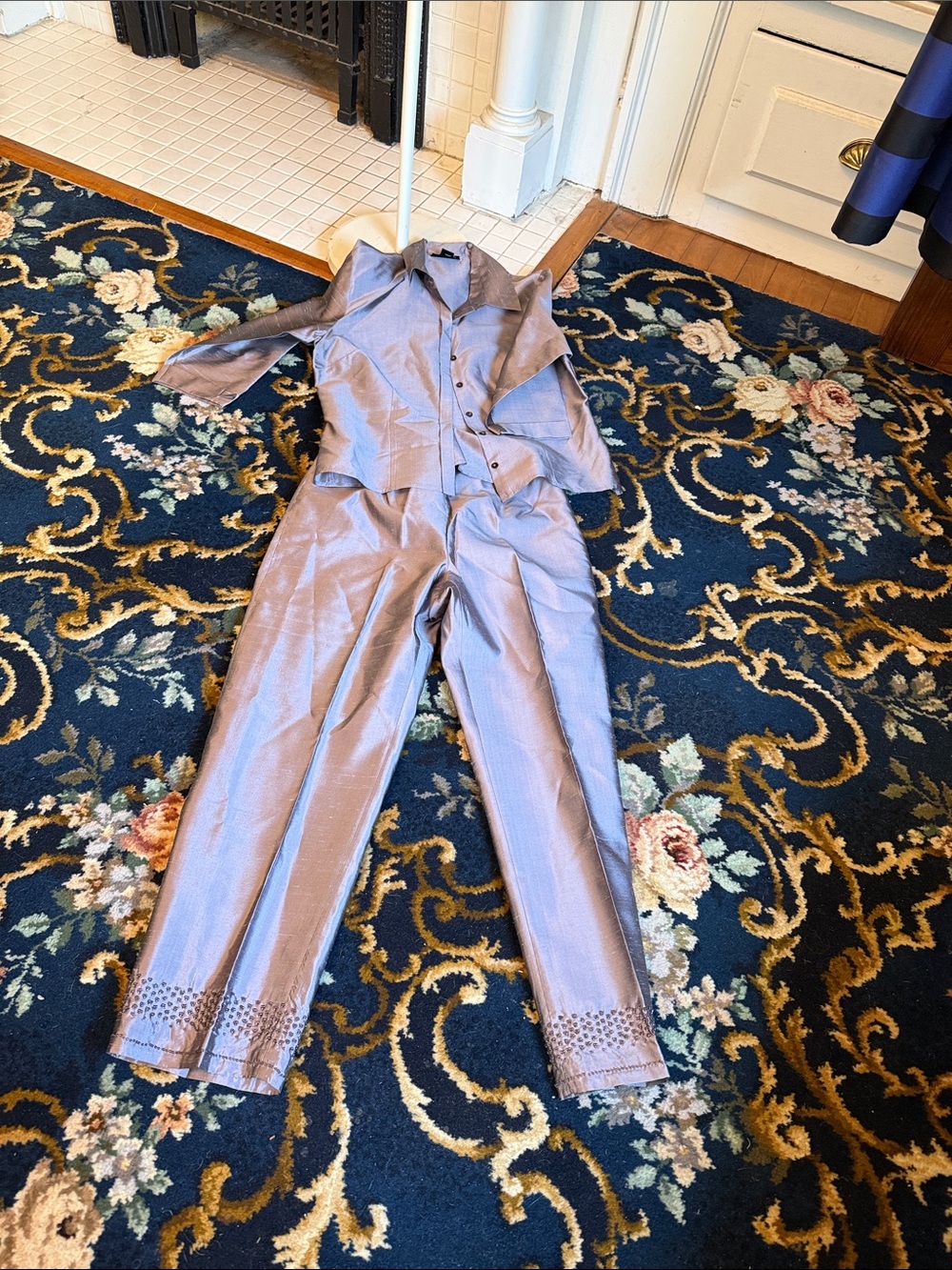 Sigrid Olsen Lavender Raw Silk Pants and Button-Front Top Set